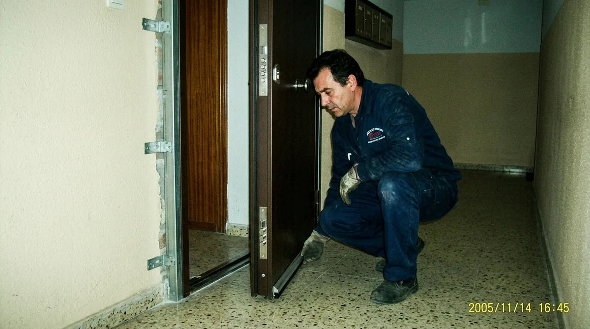 Técnico cerrajero ajustando puerta acorazada con anclajes de acero en Granollers