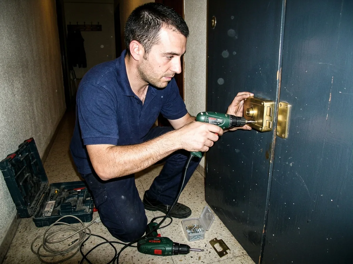 Cerrajero instalando cerrojo suplementario de seguridad en puerta en Granollers
