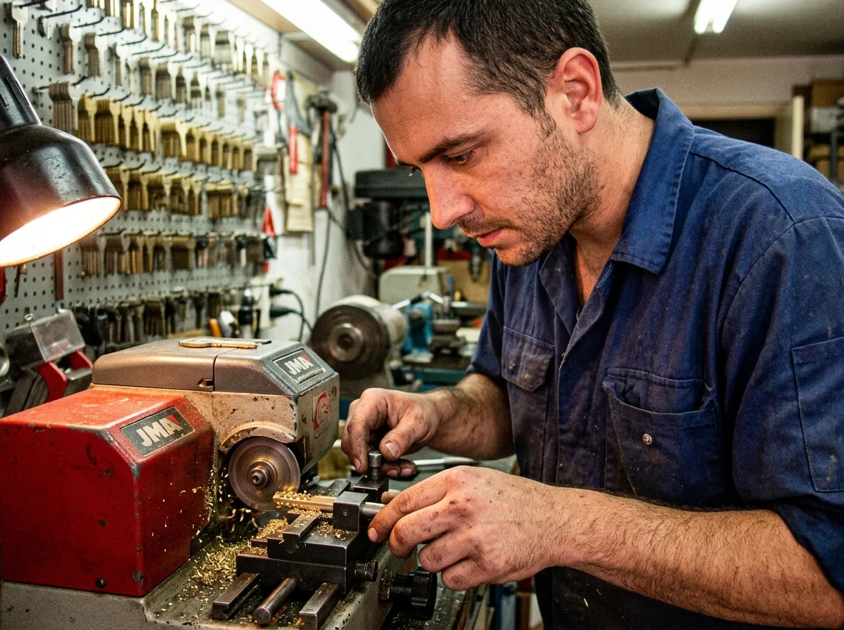 Técnico cerrajero duplicando llaves maestras en máquina de precisión en Granollers